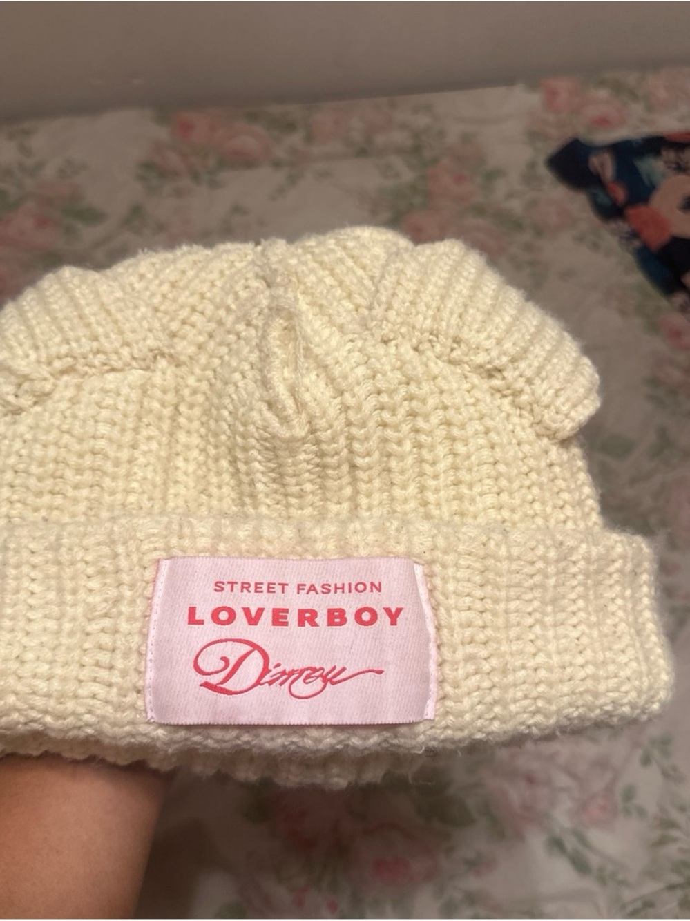 LOVERBOY Cream Knit Beanie with Pink Patch by Dmoy